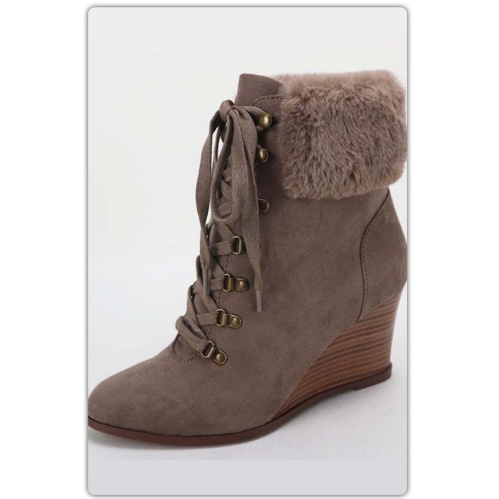 Women's Taupe Fur Lined Wedge Ankle Boots